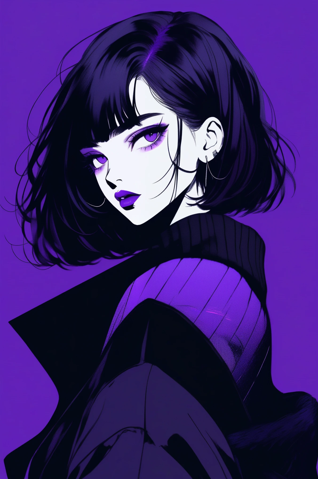 (best quality, sketch:1.2), dark monochrome background, anime,illustrator,anime,1 girl, detailed lips,sweater,custom,background completely black, neon hair,textured cropping,Canadian, masterpiece, style retro classic, noir dark, art, sketch book, (bob hair purple:1.35, black:1.55), bad women