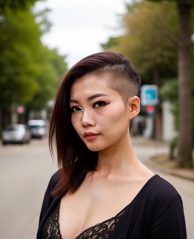 photo of Asian woman with half_buzzcut_hairstyle woman posing for a photo, looking at the camera, in a street, detailed face , sunny day, long hair
