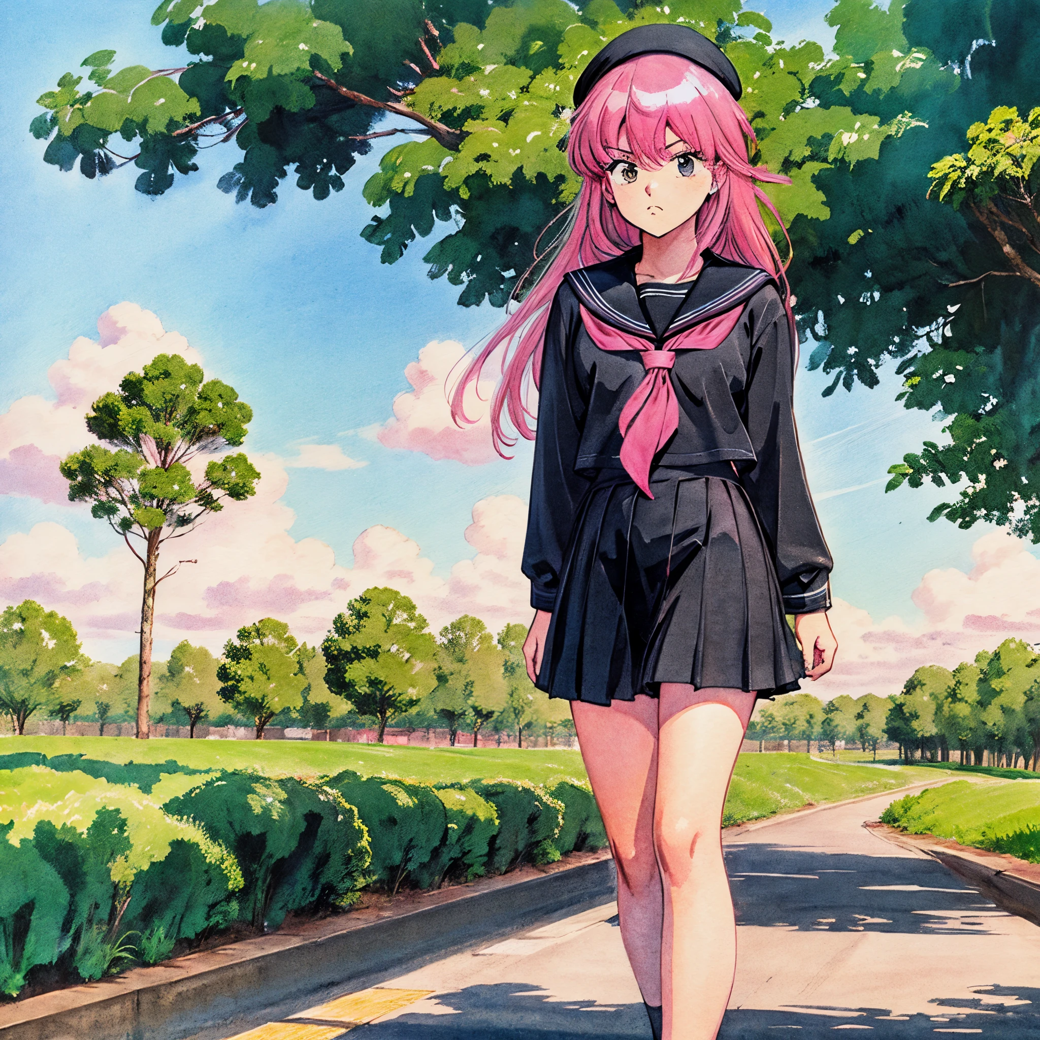 1 girl, beautiful girl, sharp eyes, (((pink hair))), very long hair, straight bangs, black  uniform, (((((black serafuku))))), (black sailor uniform), long sleeves, red tie sailor collar, thick thighs, wide hips, small breasts,, road, trees, standing, serious, wind, painting \(medium\), retro artstyle, traditional media, watercolor \(medium\), 1980s \(style\), ((((beret))))