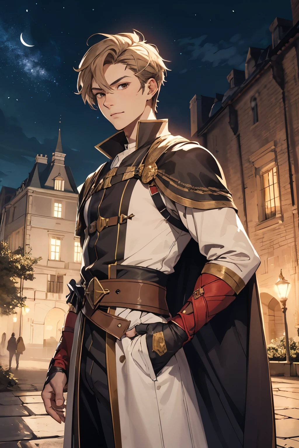 Man with Very short dark blonde hair and brown eyes dressing a brown mage outfit at a castle during night