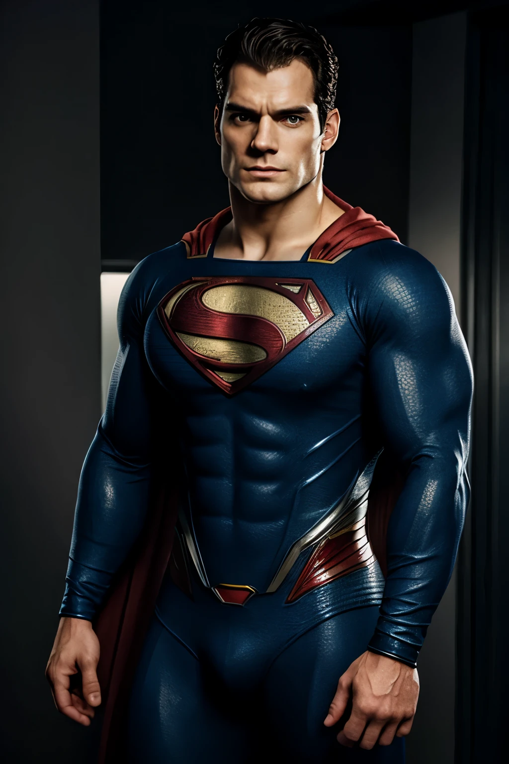 1 man, solo, Henry Cavill as Superman, 40s year old, all blue and red details suit, bare hands, big red S symbol on the chest, red cape, strain of hair covering forehead, short cut hair, tidy hair, tall, manly, hunk body, muscular, wide shoulder, straight face, black hair, best quality, high resolution:1.2, masterpiece, photorealism, dark background, detailed suit, detailed face, upper body shot, crossed arms, runic scene in the background