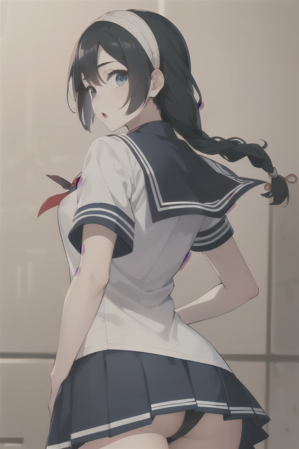 1girl, AmanaiRiko, solo, school_uniform, sailor_collar, serafuku, letterboxed, braid, blue_sailor_collar, looking_at_viewer, long_hair, open_mouth, parted_lips, bangs, :o, shirt,  Taisho era, rear view, shows ass, butt
