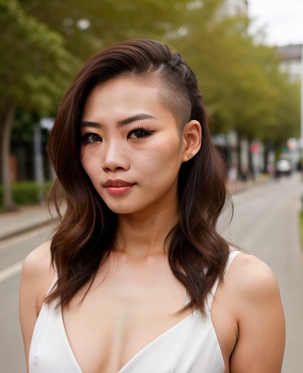 photo of Asian woman with half_buzzcut_hairstyle woman posing for a photo, looking at the camera, in a street, detailed face , sunny day, long hair