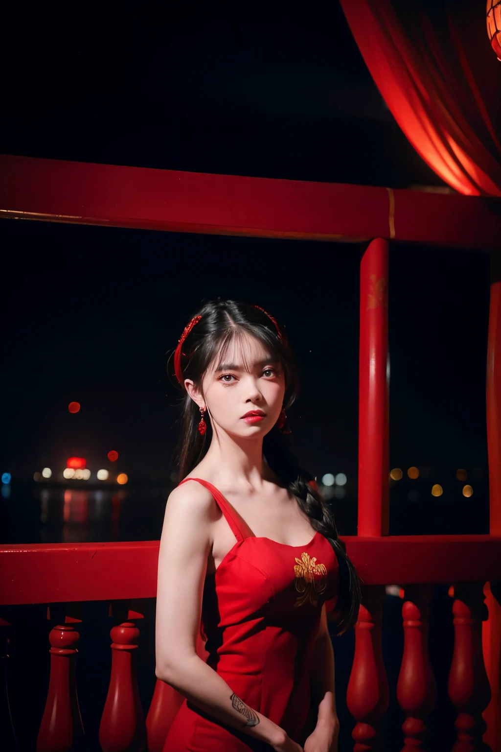 vibrant colors, female, masterpiece, sharp focus, best quality, depth of field, cinematic lighting, white hair, red eyes, braid, dress, long hair, red eyes, tattoo, earrings, jewelry, black dress, hair ornament, bangs, chinese clothes, breasts, china dress, sleeveless, 