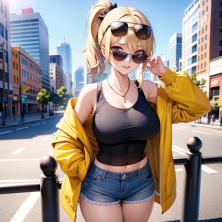 1 girl, Masterpiece, best quality, Medium full shock, Blonde ponytail, off shoulder jacket, tank top, shorts, sunglasses, Big breasts, city background