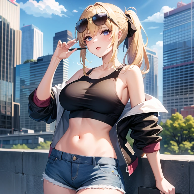 1 girl, Masterpiece, best quality, Medium full shock, Blonde ponytail, off shoulder jacket, tank top, shorts, sunglasses, Big breasts, city background