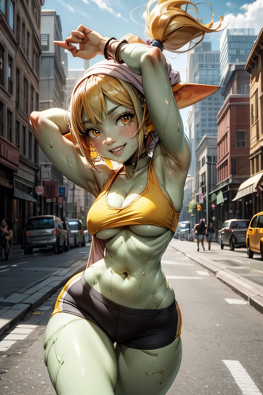 absurdrez, ((best quality)), ((masterpiece)), (detailed), very happy goblin girl, green skin, pointy ears, yellow hair, ponytail, tiny breasts, very thin, muscular, running through the city, exercising, workout, wearing headphones, beautiful day, smiling, wearing loose yellow cropped hoodie, slight underboob, sweatband, long yoga pants, running, dynamic pose, cinematic still