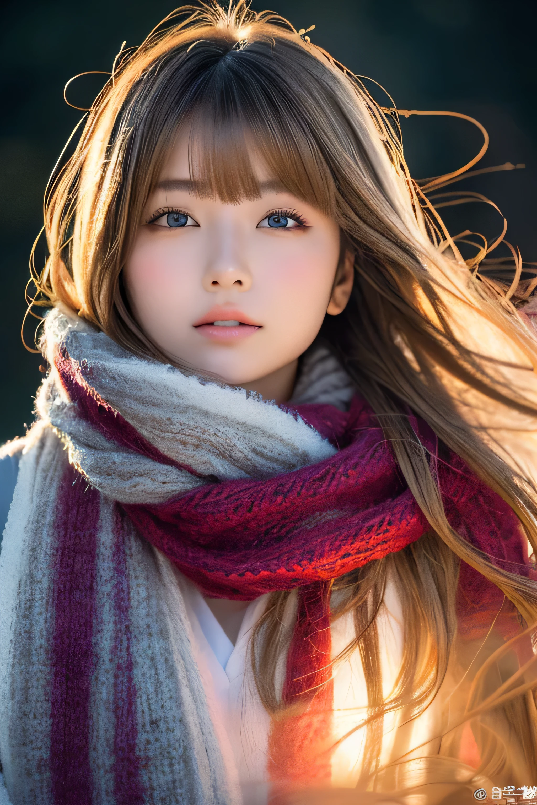 ((hair blowing in the wind、No makeup:1.2))、(realistic、Photoreal、super detailed、best detailed skins、highest quality、masterpiece、超A high resolution)、cute russian woman、14 years、high school girl、young girl、1 girl、have bangs、ash blonde:1.7、double eyelid、drooling eyes、Japanese style face、purity、realistic skin type、thick muffler、Gray muffler、fluffy hair、((There's hair in the scarf:1.3))、red cheeks、The wind is blowing、night、illumination、lighting from behind、hair blowing in the windがステキ、