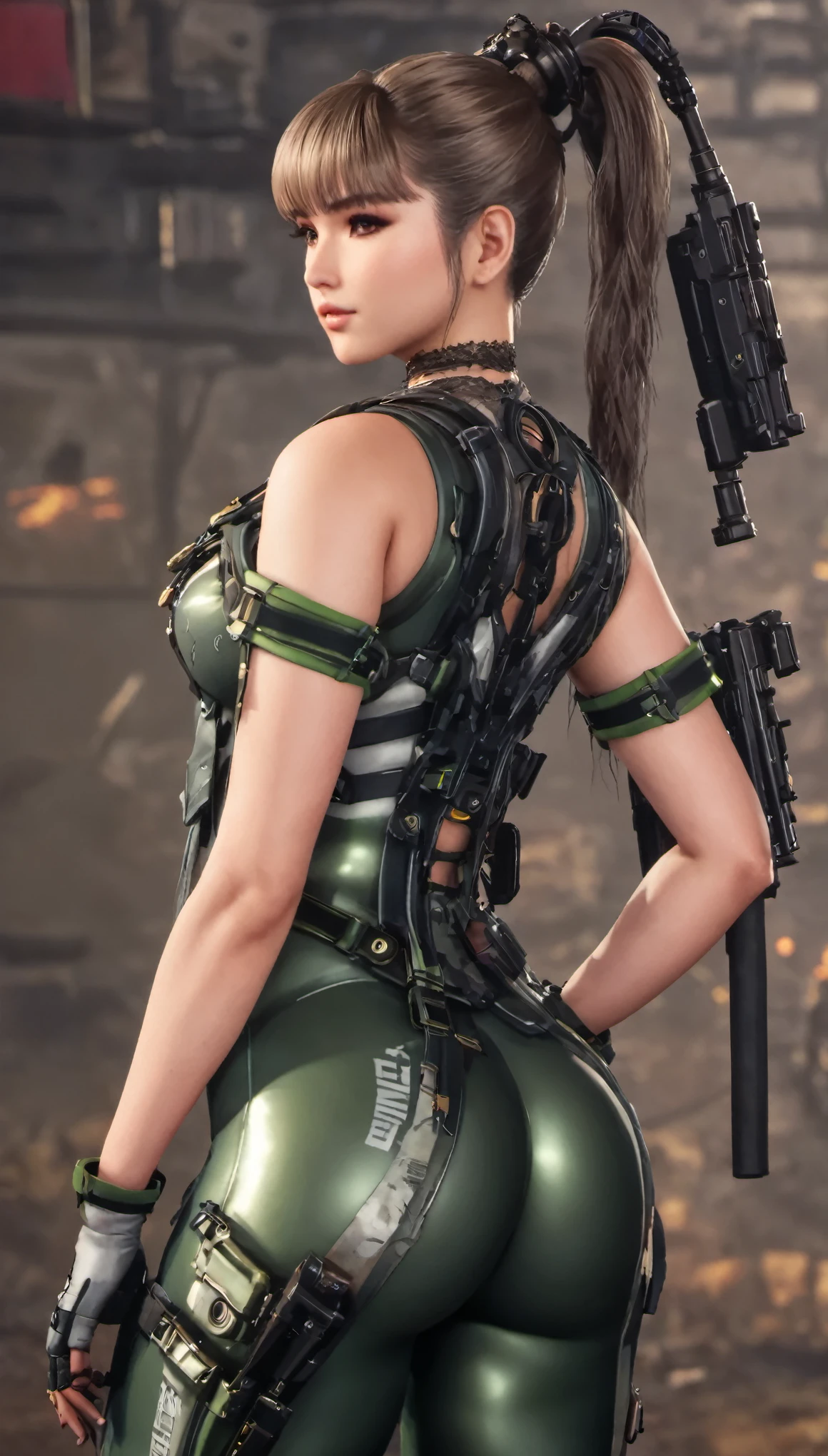 Eve, Stellar Blade, big breast, thicc thighs, curvy, 1girl,solo,heavy makeup,cute,earrings,ring braid,(lewd smile:1.1),holding submachine gun,ponytail,idol,hooker,military uniform,(battleground:1.1), showing back, big buttocks, 