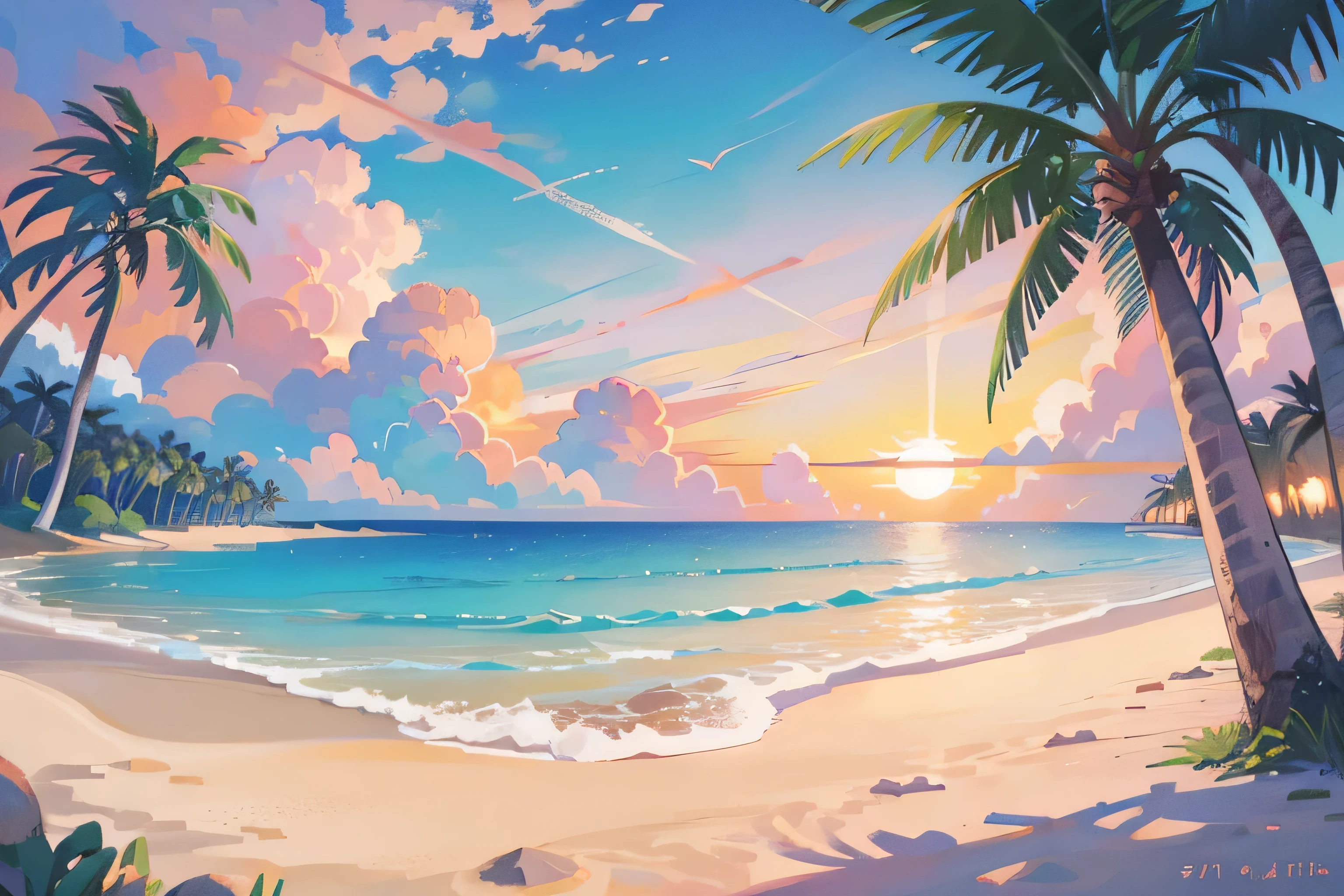 (masterpiece), highest quality, ultra high resolution, beautiful scenery, detailed scenery, (Warm pastel colors), beach, colorful beach, Pink sand, Palm tree, Ocean, sunrise、
