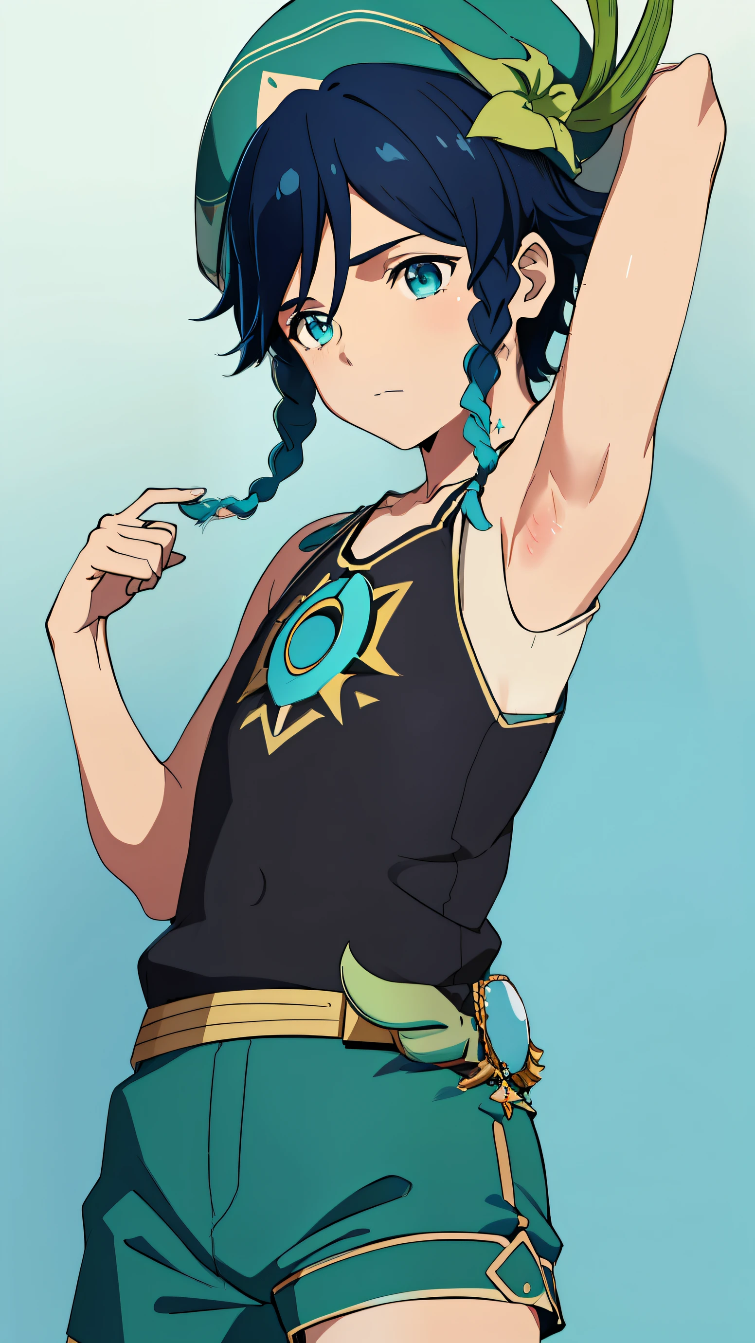 Highres, Masterpiece, Best quality at best,Best Quality,hight quality, hight detailed, 1boy, Venti, solo, Young boy, medium hair length, braids, dark blue hair color, cyan highlights in hair, calm expression, kind expression, Simple background, detailed eyes, Tank top, Bare shoulder, Belt, green hat, jewels, cyan, (very young boy), (very small and short body), s, (Showing armpit:1.3), Little sweat
