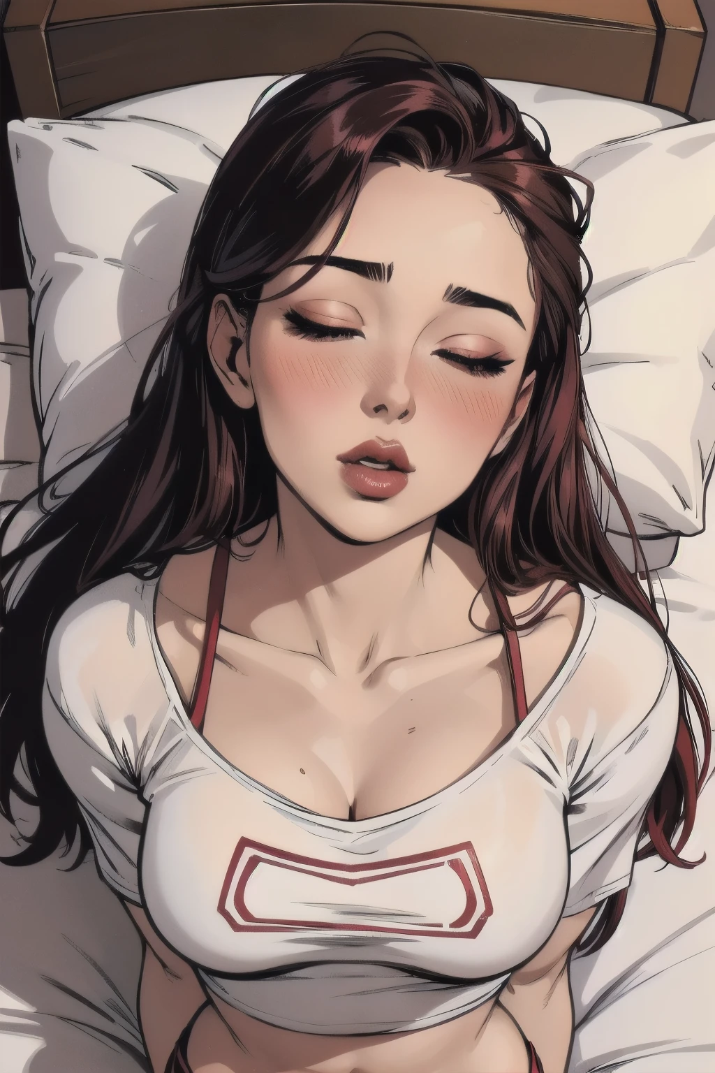 Sexy woman, blushing hard, red makeup, hands pinned to the side, lying on bed, head on pillow, facing up, pinned, playful turned sexy, mouth parted, eyes looking at lips, very sexy and hot,  figure, loose t shirt, midriff, abs