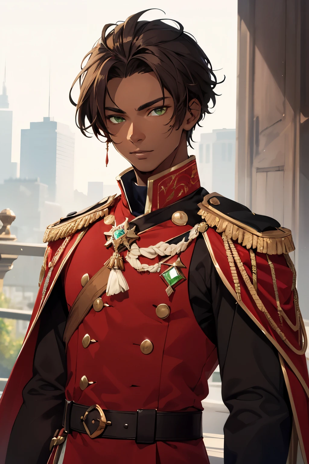 dark skin man with medium brown hair and green eyes dressed with a red prince outfit