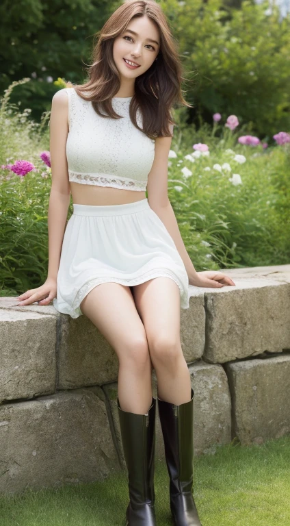 ((highest quality, 8K, masterpiece: 1.3)), 1 girl, The beauty of slim abs: 1.3, (hairstyle casual, big breasts: 1.2), dress: 1.1, super fine face, delicate eyes, double eyelid, smile, garden,Wearing leather boots,I can see the whole body