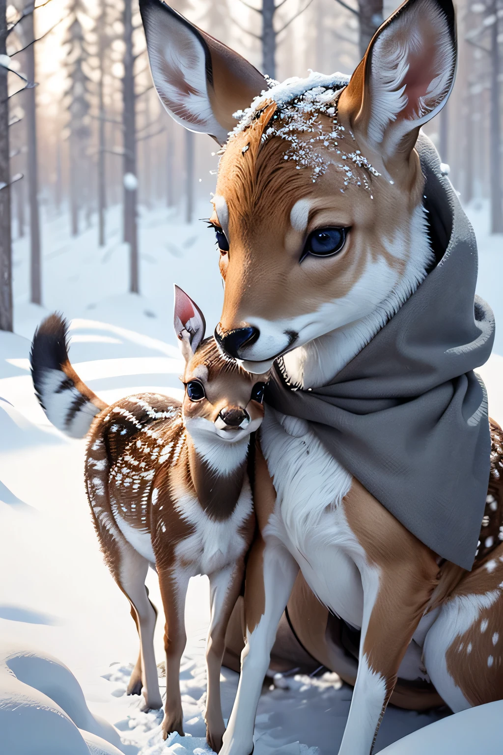 A startled deer, her coat mottled with winter frost, stands frozen in a snowy forest with her ears taut and eyes wide, staring directly into the camera. A tiny fawn, its spots still faintly visible amidst the undergrowth, cautiously peeks out from behind a frozen tree trunk, its expression mirroring the deer's alertness. The stillness of the forest is broken only by the soft crunching of snow underfoot, as the surrounding trees seem to hold their breath in anticipation.