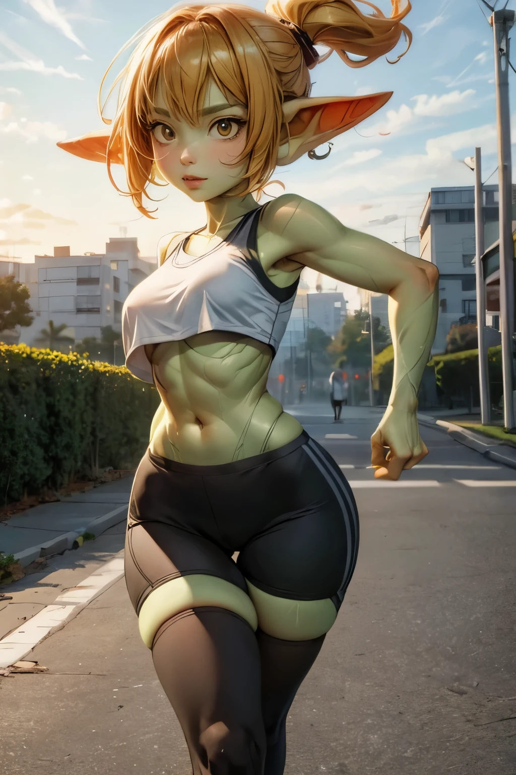 ((best quality)), ((masterpiece)), (detailed), very happy goblin girl, green skin, pointy ears, yellow hair in tight ponytail, tiny breasts, 3 feet tall, very small, very tiny, very thin, muscular, outdoors, summertime, out for a jog around a suburban neighborhood, wearing airpods, beautiful day, wearing blue crop top, underboob, sweatband, yoga pants, jogging, dynamic pose, cinematic still, small hips, running, small butt