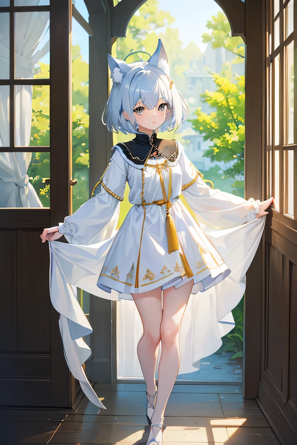 masterpiece, best quality, wide-angle, Hyperdetailed, masterpiece, best quality, 8k, natural lighting, soft lighting, sunlight, HDR (High Dynamic Range), Maximum Clarity And Sharpness, Multi-Layered Textures, colorful, 1girl, sole girl, beautiful anime girl, full_body, (wolf_ears, short_hair, light_blue_hair, white_eyes, tunic dress), standing, fantasy background