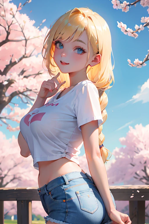 buttocks emphasis、Close-up looking up from below、smile、realistic、face reality、Super high chroma、8k、(((Two 13-year-old girls)))、blonde braid hair、T-Shirt Fashion、cherry blossoms、Beautiful cherry blossoms、cherry blossomsの花びらが落ちる、denim shorts、Slightly larger breasts that emphasize cleavage、Various sexy poses、natural scenery