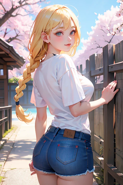 buttocks emphasis、Close-up looking up from below、smile、realistic、face reality、Super high chroma、8k、(((Two 13-year-old girls)))、blonde braid hair、T-Shirt Fashion、cherry blossoms、Beautiful cherry blossoms、cherry blossomsの花びらが落ちる、denim shorts、Slightly larger breasts that emphasize cleavage、Various sexy poses、natural scenery