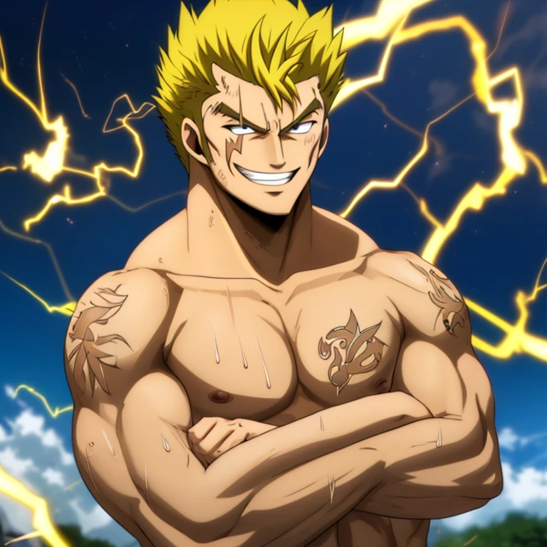 (((best quality, high resolution, masterpiece, best quality))),anime screencap, 1boy, muscular male, sweaty, masterpiece, depth of field, baseballplayer, looking at viewer, (((crossed arms))), laxus_dreyar, yellow hair, chest tattoo, yellow lightning, spark, grin, dynamic pose, (((nude))),
