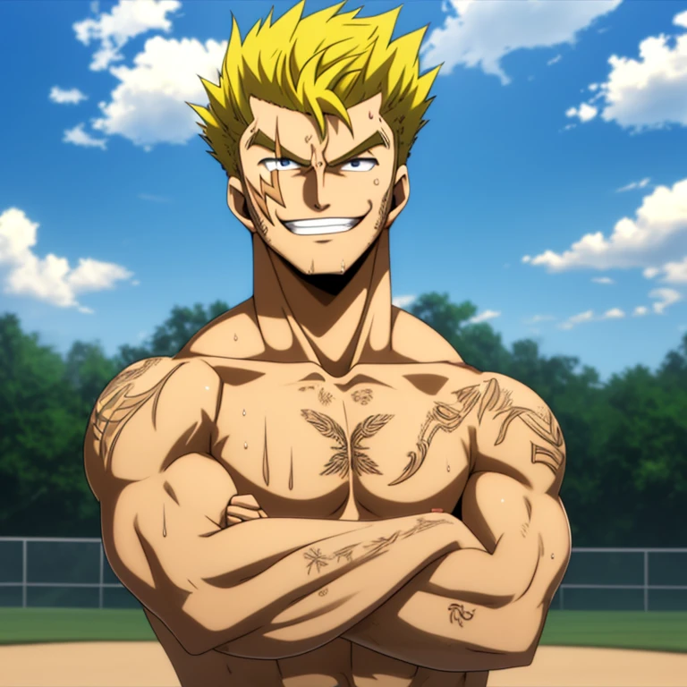 (((best quality, high resolution, masterpiece, best quality))),anime screencap, 1boy, muscular male, sweaty, masterpiece, depth of field, baseballplayer, looking at viewer, (((crossed arms))), laxus_dreyar, yellow hair, chest tattoo, yellow lightning, spark, grin, dynamic pose, (((nude))),
