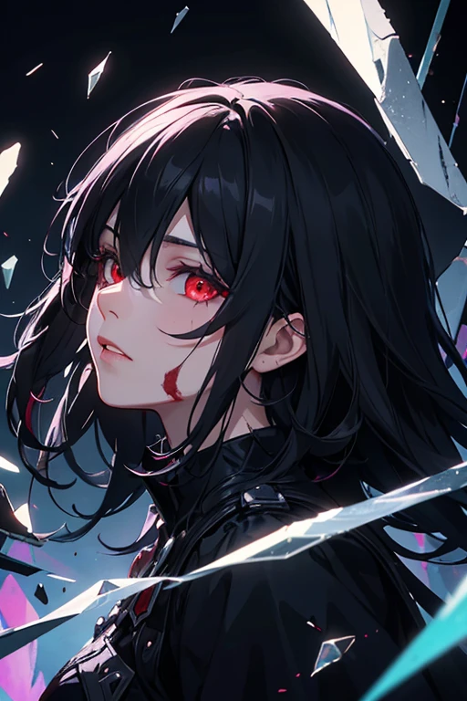 (detailed background,dark fantasy), (beautiful detailed face), high contrast, (best illumination, an extremely delicate and beautiful), ((cinematic light)), colorful, hyper detail, dramatic light, intricate details, (1 girl, solo,black hair, sharp face,red eyes, hair between eyes,dynamic angle), blood splatter, swirling black light around the character, depth of field,black light particles,(broken glass),