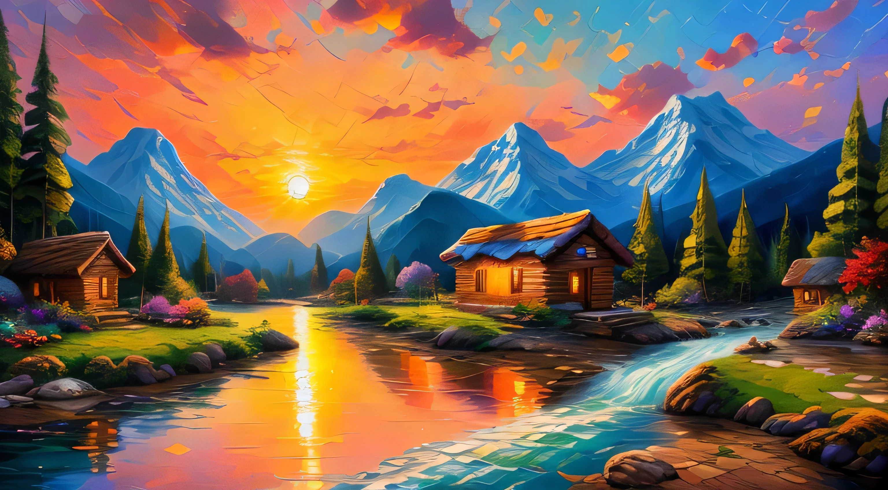 Painting of a hut by a mountain stream with a waterfall, children play around the cabin,  4K Oil Painting, beautiful oil matte paint, Oil Painting 4K, Oil painting 4K, Villa in the forest, beautiful oil painting on canvas, beautiful digital paintings, smooth oil painting, Beautiful art UHD 4K, 8k HD detailed oil painting, oil digital painting, Inspired by Thomas Kinkade.sunrise、