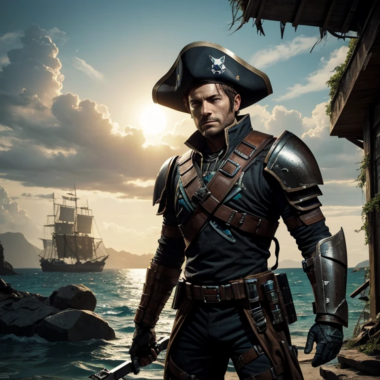 Isaac clarke from dead space in the middle of an island with his armor partially damaged and with a pirate hat