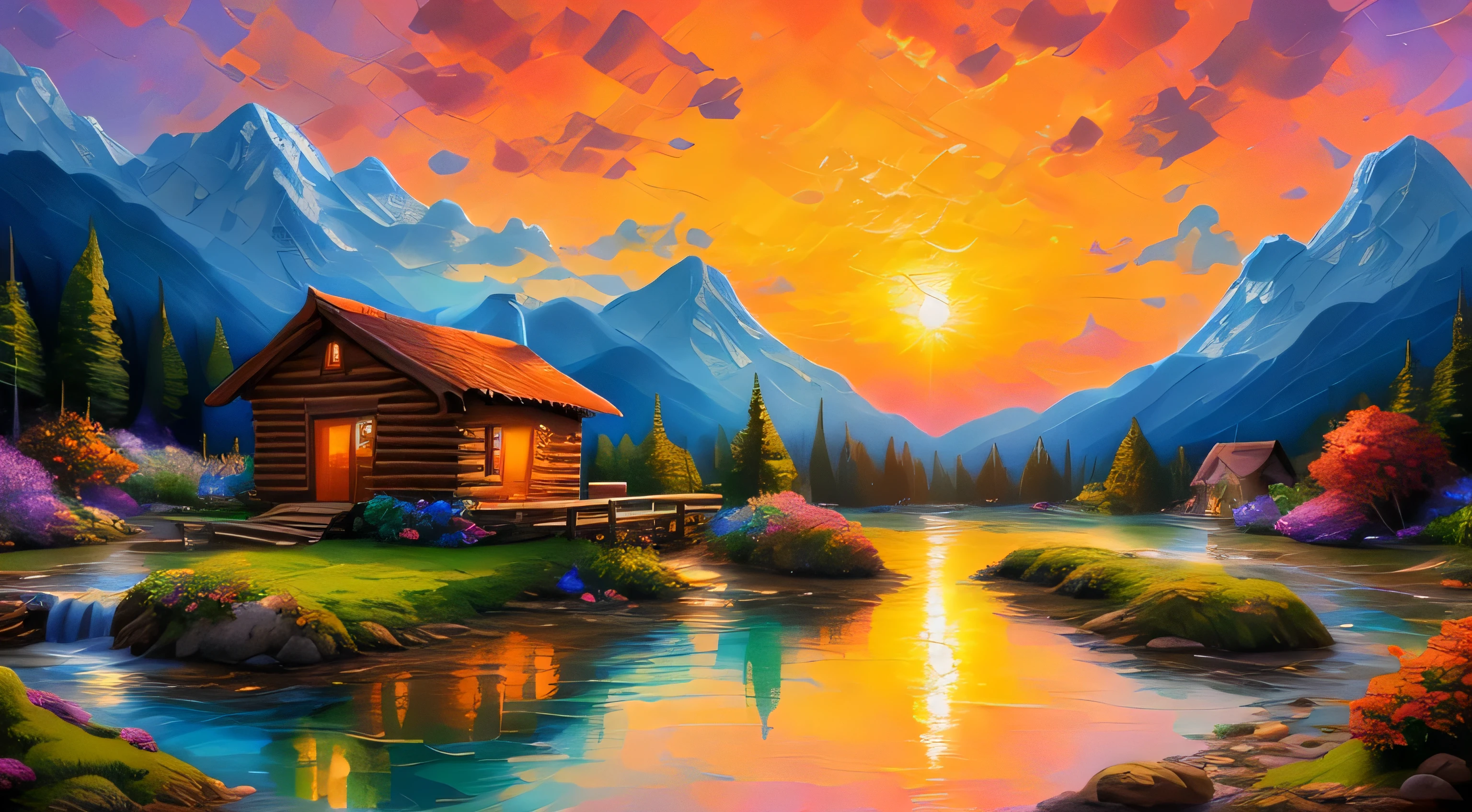 Painting of a hut by a mountain stream with a waterfall, children play around the cabin,  4K Oil Painting, beautiful oil matte paint, Oil Painting 4K, Oil painting 4K, Villa in the forest, beautiful oil painting on canvas, beautiful digital paintings, smooth oil painting, Beautiful art UHD 4K, 8k HD detailed oil painting, oil digital painting, Inspired by Thomas Kinkade.sunrise、