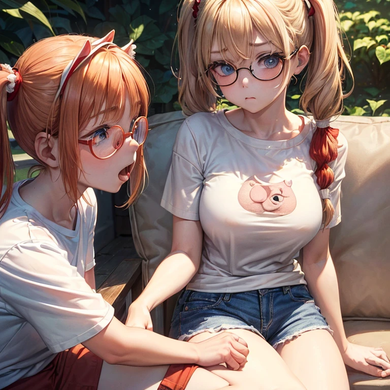 1 woman,golden hair, ,((expression of impatience)),beautiful breasts,((White round neck t-shirt,shorts)),Stylish,,(Facing the front)(((Red cheeks、Surprised look)),(((pigtail))),((( Portrait on the knee)))Frameless glasses,blue eyes,(((The bangs are in the same direction.)))(())