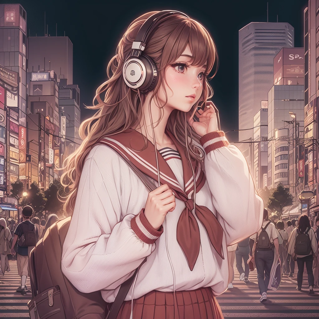 city pop、Chill、the 90s,Japanese、high school girl、loose socks、Shibuya Ward、walking、headphones、college uniform、nostalgia、sepia color、girl、(Alone:1.2)、Listening to music、whole body、Landscape、tall、long legini skirt