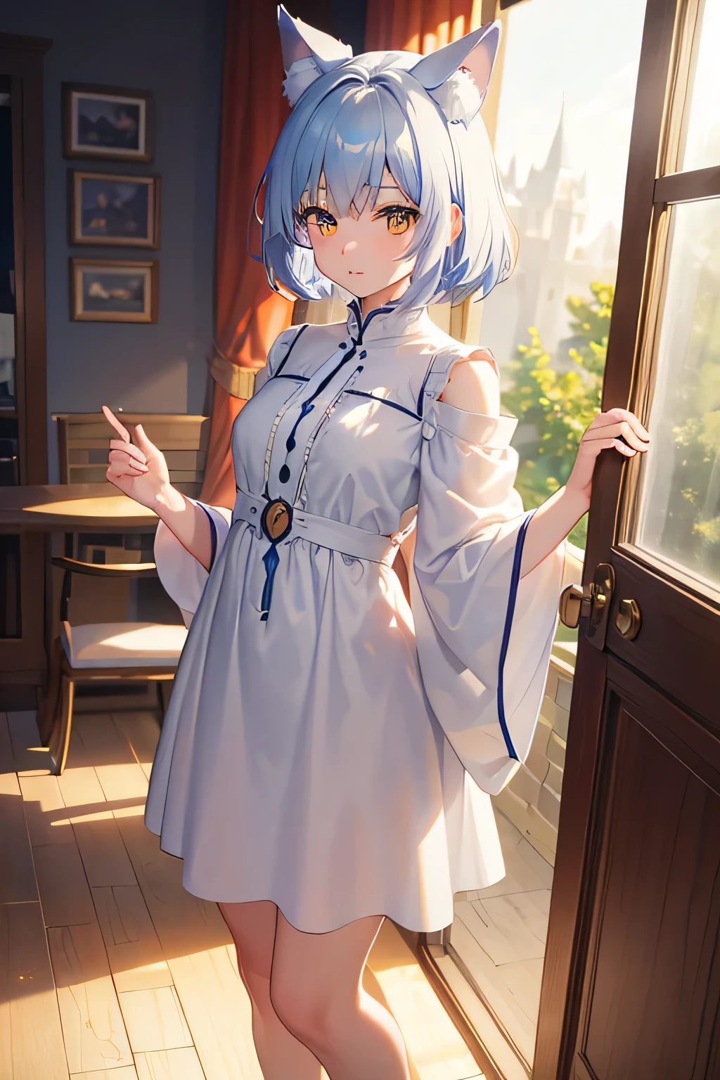 masterpiece, best quality, wide-angle, Hyperdetailed, masterpiece, best quality, 8k, natural lighting, soft lighting, sunlight, HDR (High Dynamic Range), Maximum Clarity And Sharpness, Multi-Layered Textures, colorful, 1girl, sole girl, beautiful anime girl, full_body, (wolf_ears, short_hair, light_blue_hair, white_eyes, tunic dress), standing, fantasy background