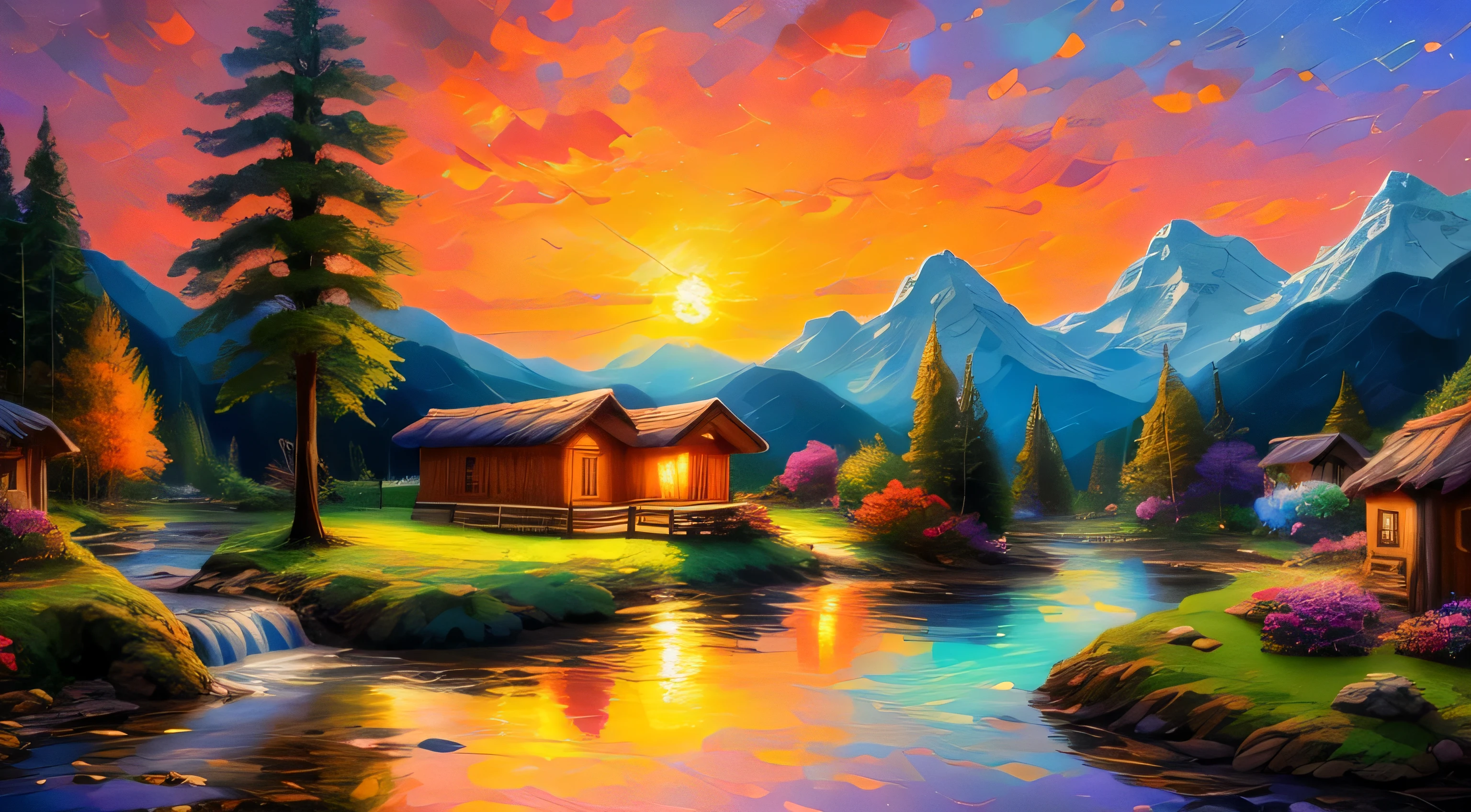 Painting of a hut by a mountain stream with a waterfall, children play around the cabin, 4K Oil Painting, beautiful oil matte paint, Oil Painting 4K, Oil painting 4K, Villa in the forest, beautiful oil painting on canvas, beautiful digital paintings, smooth oil painting, Beautiful art UHD 4K, 8k HD detailed oil painting, oil digital painting, Inspired by Thomas Kinkade.sunrise、