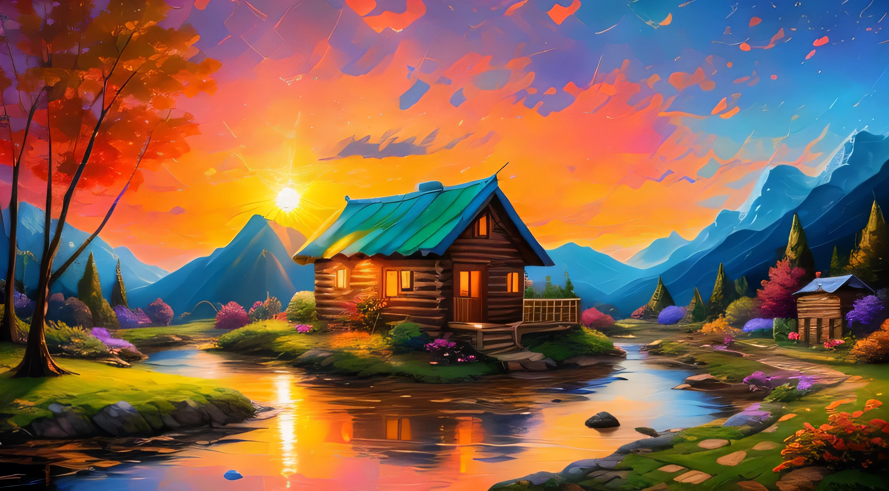 Painting of a hut by a mountain stream with a waterfall, children play around the cabin, 4K Oil Painting, beautiful oil matte paint, Oil Painting 4K, Oil painting 4K, Villa in the forest, beautiful oil painting on canvas, beautiful digital paintings, smooth oil painting, Beautiful art UHD 4K, 8k HD detailed oil painting, oil digital painting, Inspired by Thomas Kinkade.sunrise、