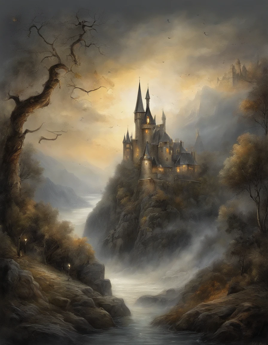 masterpiece,Gray-black tones, best quality, Super detailed, illustration, Western Middle Ages, There is a medieval castle in the distance, only, fantasy, flight, broom, night sky, outdoor, magic, incantations, official, Star, cloud, wind, cable, palo de broom, brilliant, mystery, charming, capricious, Lively, adventurous, , wonderful, fantasy, determination, ability, speed, sports, vitality, realism, naturalist, metaphorical, Representative, beauty, Fantasy Culture, myth, Fairy tales, folklore, legend, witch, Assistant, magicl creatures, fantasy worlds, synthesis, scale, prospect, middle ground, bottom, view, Light, color, texture, detail, beauty, wonderful.