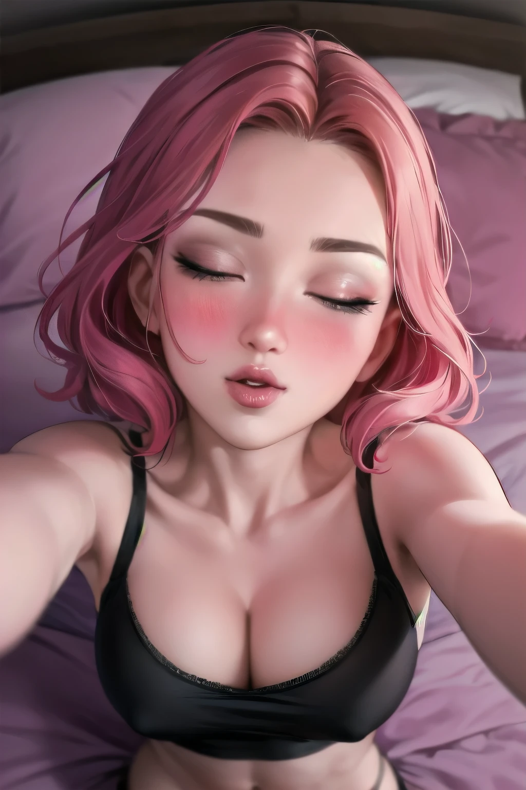 Sexy woman, blushing hard, red makeup, hands pinned to the side, lying on bed, head on pillow, facing up, pinned, playful turned sexy, mouth parted, eyes looking at lips, very sexy and hot, figure, loose t shirt, midriff, abs