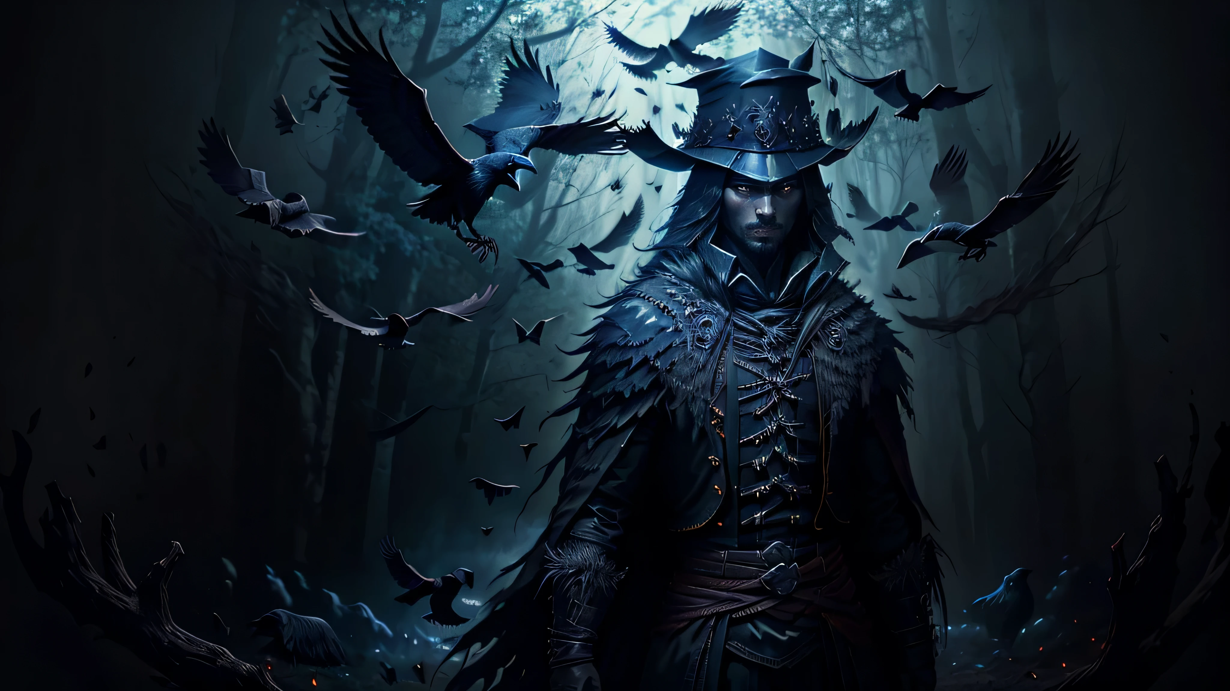 a raven master (in black feather costume) in a dark forest, ravens with detailed feathers, piercing eyes, a mysterious atmosphere, atmospheric lighting, a burning atmosphere, bright colors, high contrast, high quality, 4k resolution, a professional work of art, a haunting presence