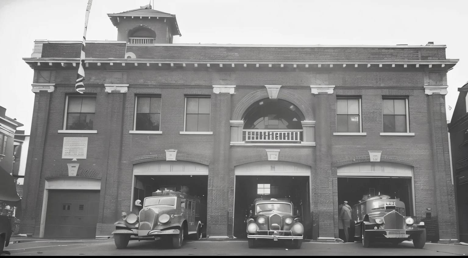 there are three old fire trucks parked in front of a building, historical photo, historical picture, archival photo, historic photo, 1 9 4 8 photo, 1 9 3 8 photo, archive photo, vintage associated press photo, historical photograph, front photo, f4.5, 1930 photo, historical photos circa 1 9 4 7, museum archive photo