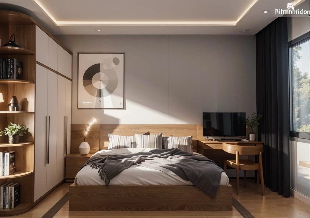Bed room, interior design, (tones gray with white), (modern style), (wooden floor cladding grossy MDF melamine), (laptop on table), (white curtain light), (architectural visualization style:1.2), (reflection), (focus on object), (scattered light) ((((volumetric light))) (multi-beam light) (sunbeam) (multi-level reflection), (grossy wooden floor), (spotlight) {warm led light|4000k}, (corona software visualization render:1.2),day, 8k uhd, dslr, soft lighting, high quality, film grain, Fujifilm XT3, ((intricate detail)), ((extreme detail)), ((science)), ((hyper-detail)), ((super detail)), ((super realistic)), ((crazy detail)), ((octane render)), ((Cinematic))