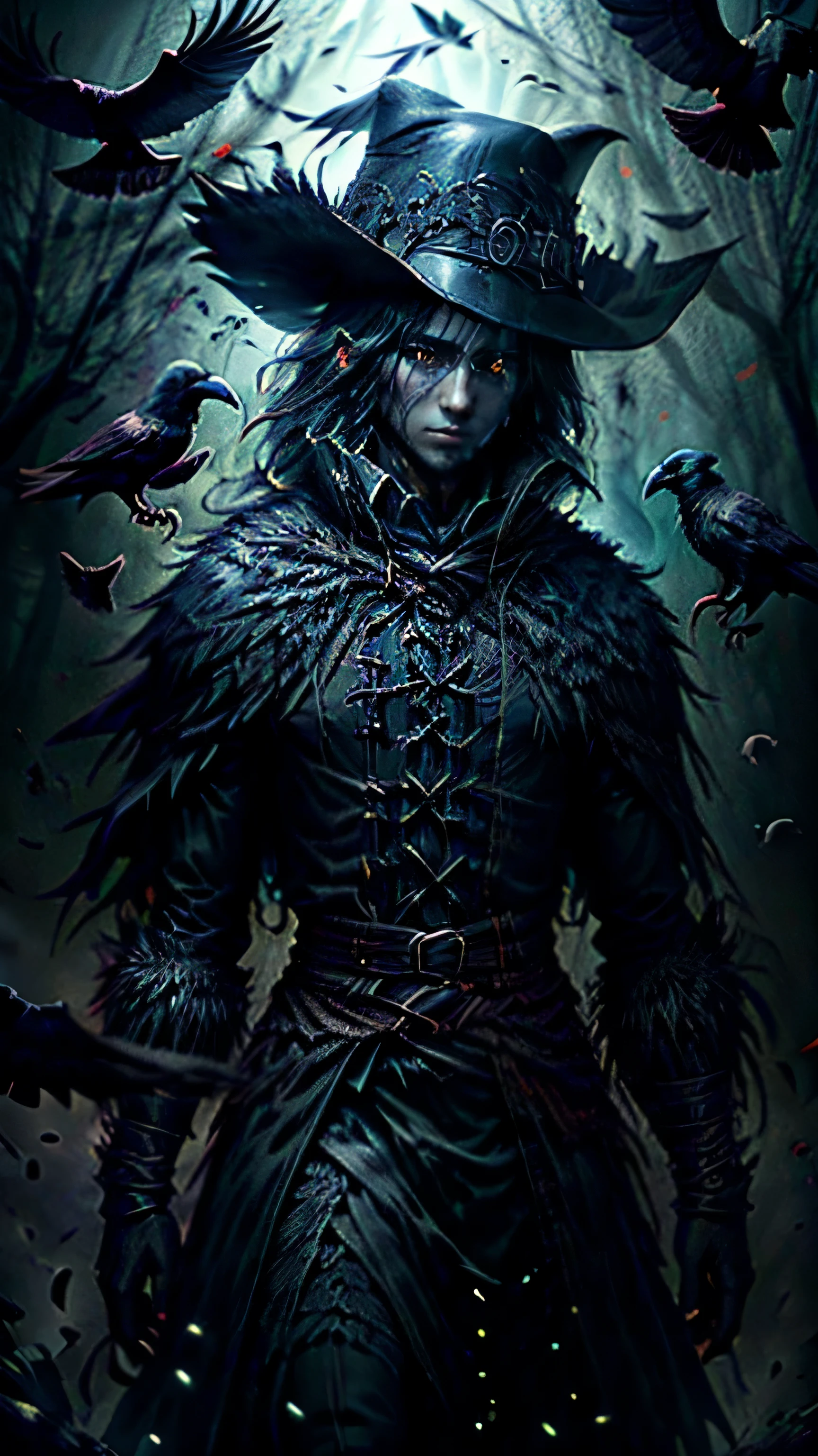 a raven master (in black feather costume) in a dark forest, ravens with detailed feathers, piercing eyes, a mysterious atmosphere, atmospheric lighting, a burning atmosphere, bright colors, high contrast, high quality, 4k resolution, a professional work of art, a haunting presence