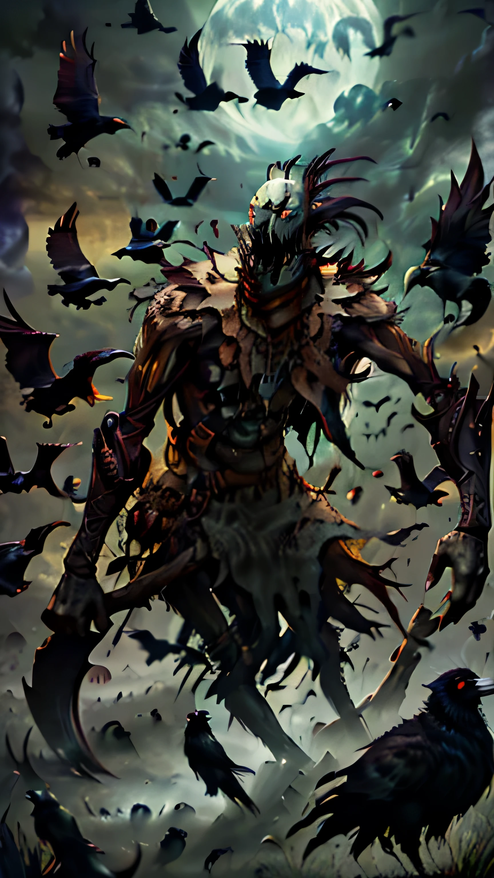 Fiddlesticks (League of legend) lit by the moon, "The timeless horror known as Fiddlesticks roams the borders of mortal civilizations, lured into paranoid regions". Scarecrow surrounded by crows of which he is the only master. High quality, 4k resolution, professional artwork, haunting presence