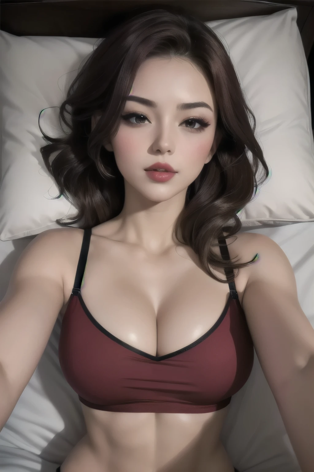 Masterpiece, highest quality, high resolution, solo, big breasts, indoors, misaligned bra, side tie thong, lying down, from above, open arms,The two thighs are exaggerated, lusty, bed, disheveled underwear, heavy breathing, sexual expression but with out clothes