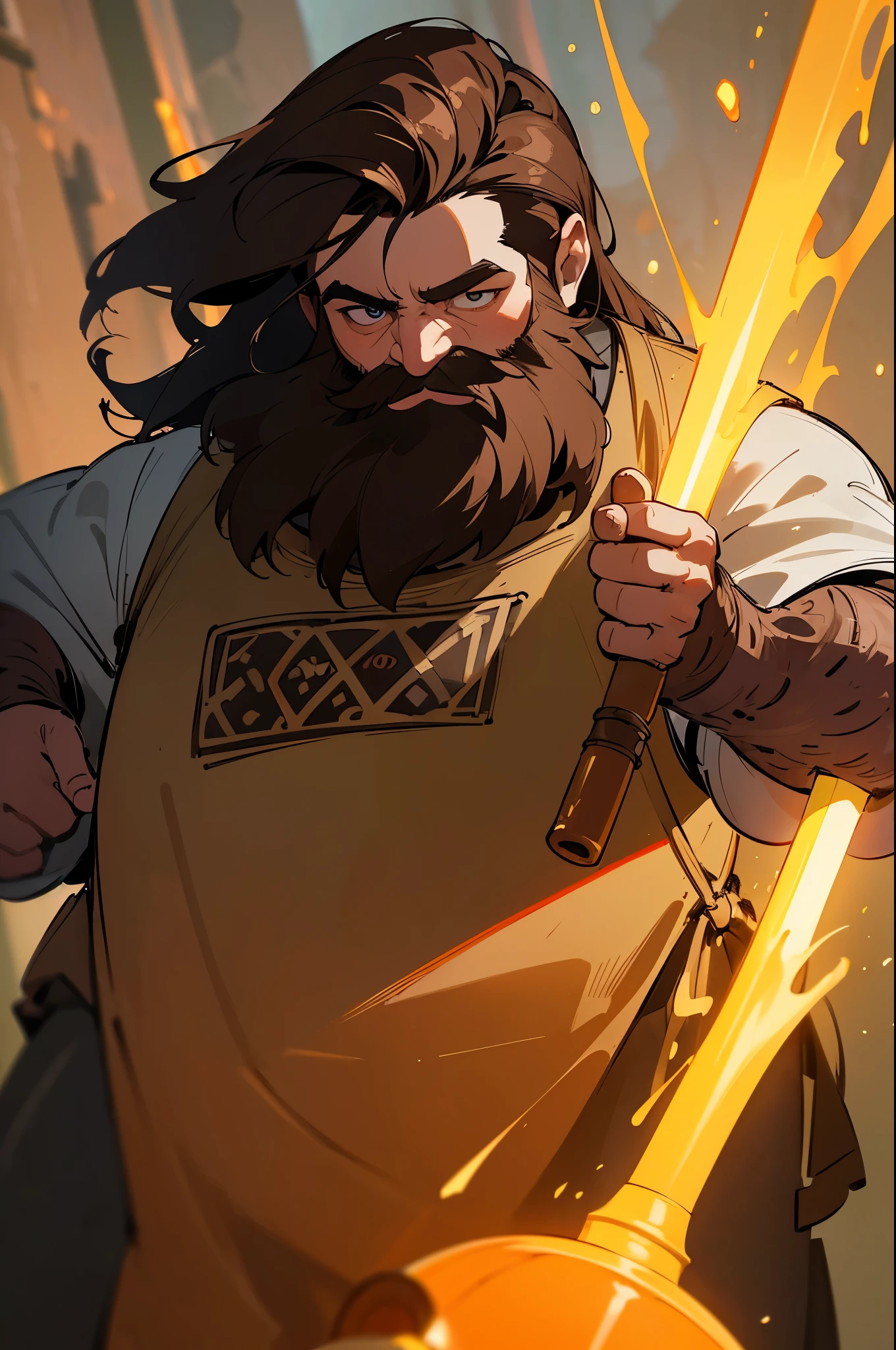 high details, best quality, 16k, [ultra detailed], masterpiece, best quality, (extremely detailed), full body, ultra wide shot, photorealistic, fantasy art, RPG art, D&D art, a picture of a dwarf working at his forge (intense details, Masterpiece, best quality), fantasy male dwarf (intense details, Masterpiece, best quality),(intense details, Masterpiece, best quality), brown hair, dynamic eyes color, ultra detailed face (intense details, Masterpiece, best quality), long beard, brown beard, moscular arms, wearing smith apron, holding a hammer in hand, hammer has mgical runes, shining GlowingRunes_yello yellowe runes (intense details, Masterpiece, best quality), working the forge (intense details, Masterpiece, best quality), fiery forge (intense details, Masterpiece, best quality), crafting magical metalic weapon, dwarven smithy and fiery forge background, shadow and light of a fiery orange (intense details, Masterpiece, best quality), High Detail, Ultra High Quality, High Resolution, 16K Resolution, Ultra HD Pictures, Ultra Realistic, Clear Details, Realistic Detail, Ultra High Definition, full body