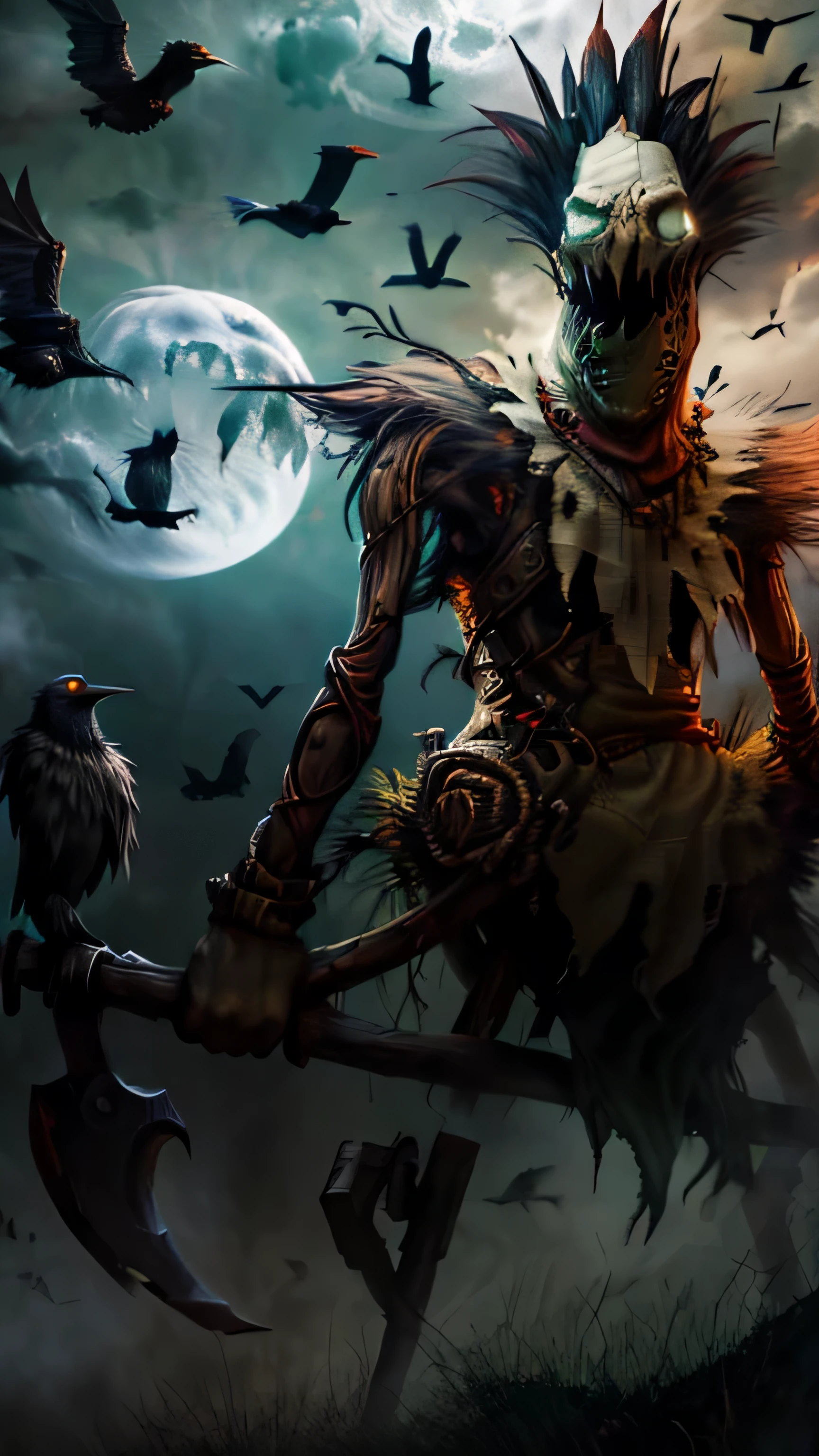 Fiddlesticks (League of legend) lit by the moon, "The timeless horror known as Fiddlesticks roams the borders of mortal civilizations, lured into paranoid regions". Scarecrow surrounded by crows of which he is the only master. High quality, 4k resolution, professional artwork, haunting presence