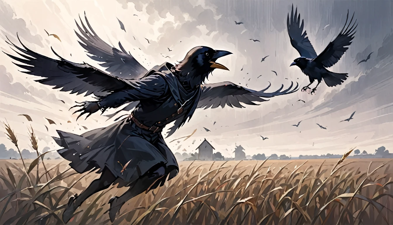 Generate a dynamic pencil drawing depicting the intense battle between a scarecrow and a crow. Capture the tension and energy of the confrontation as the scarecrow, standing tall amidst a field of crops, confronts the cunning crow swooping down from above. Use bold, expressive lines to convey the strength and determination of the scarecrow as it defends the harvest, while also portraying the agile movements of the crow as it dives and evades. Pay attention to the contrast between the static stance of the scarecrow and the fluid motion of the crow, creating a sense of urgency and suspense in the scene. Enhance the drama with subtle details such as the wind rustling through the fields or the piercing gaze of the crow locked in combat. Let the composition tell a story of resilience and perseverance amidst the ever-shifting balance of nature.