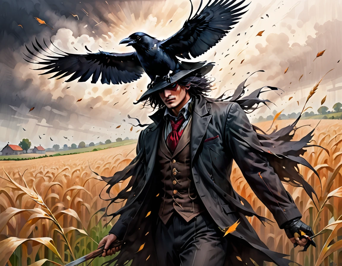 Generate a dynamic pencil drawing depicting the intense battle between a scarecrow and a crow. Capture the tension and energy of the confrontation as the scarecrow, standing tall amidst a field of crops, confronts the cunning crow swooping down from above. Use bold, expressive lines to convey the strength and determination of the scarecrow as it defends the harvest, while also portraying the agile movements of the crow as it dives and evades. Pay attention to the contrast between the static stance of the scarecrow and the fluid motion of the crow, creating a sense of urgency and suspense in the scene. Enhance the drama with subtle details such as the wind rustling through the fields or the piercing gaze of the crow locked in combat. Let the composition tell a story of resilience and perseverance amidst the ever-shifting balance of nature.