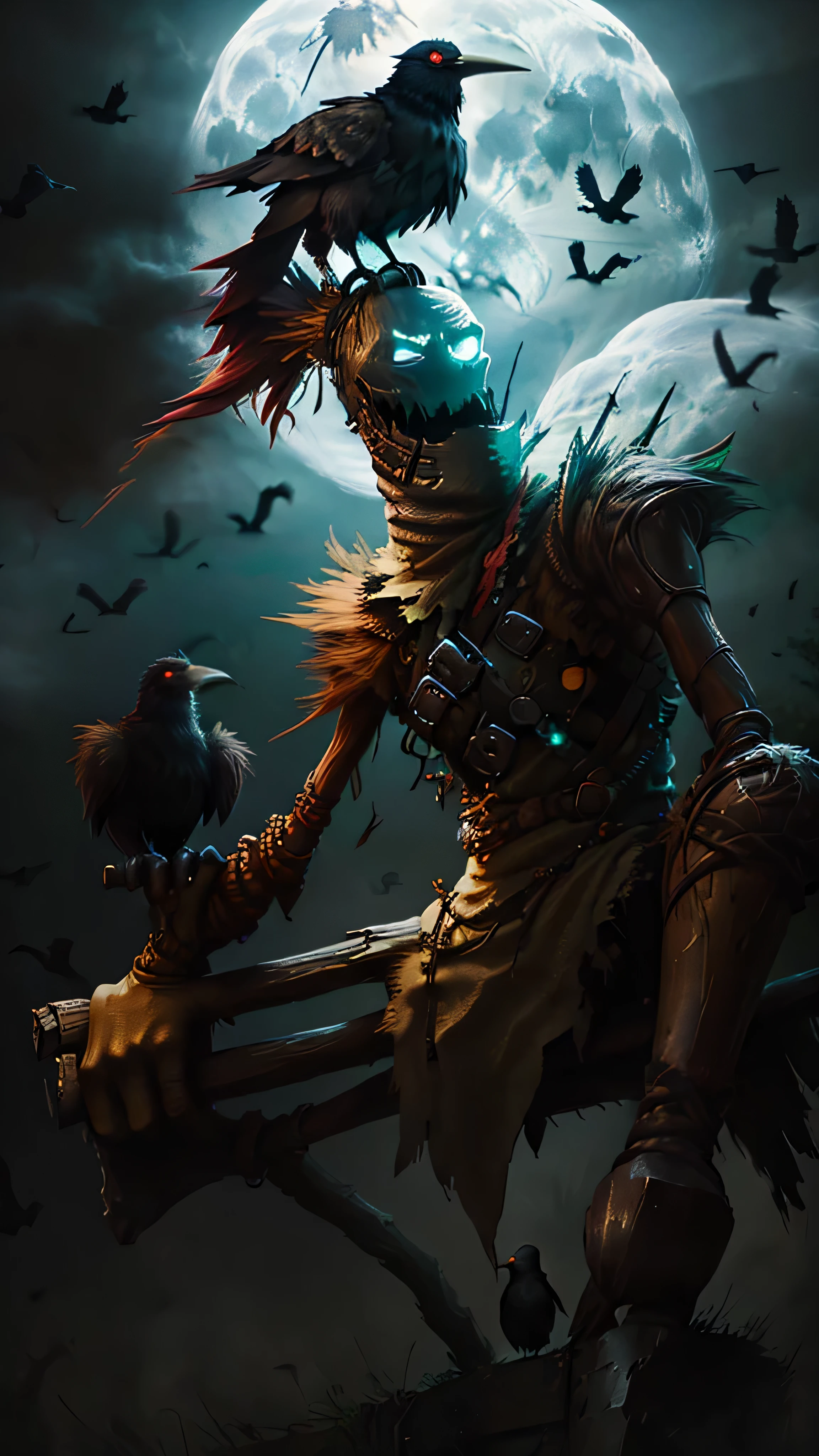 Fiddlestickset (League of legend)  a crow perched on the shoulder lit by the moon,  "The timeless horror known as Fiddlesticks roams the borders of mortal civilizations, drawn to regions plagued by paranoia". Scarecrow surrounded by crows of which he is the only master. High quality, 4k resolution, professional artwork, haunting presence