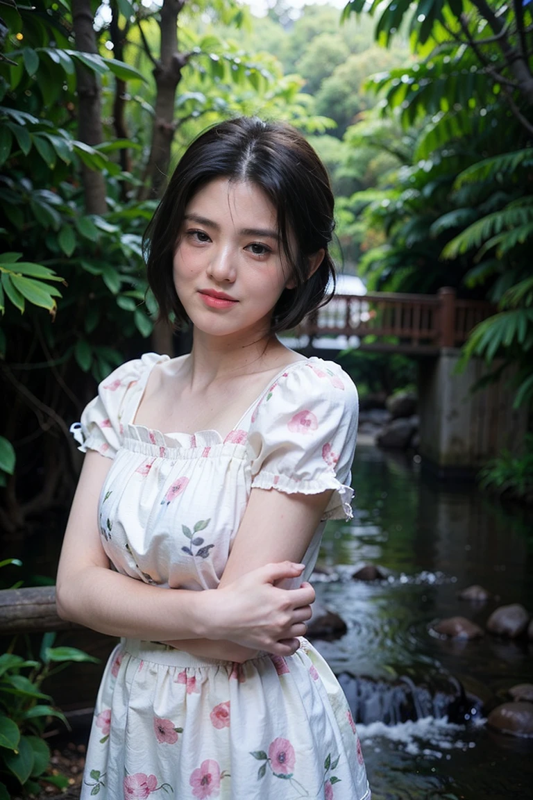 fantasy atmosphere photos、Japanese woman wearing a cute dress、In the forest where a stream flows、looking at the sky and smiling、Detailed photo quality, short hair 