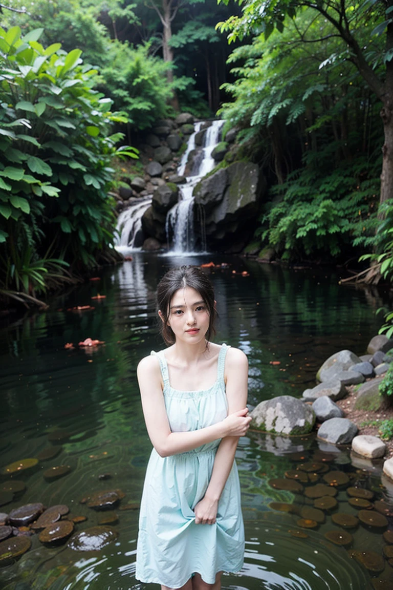 fantasy atmosphere photos、Japanese woman wearing a cute dress、In the forest where a stream flows、looking at the sky and smiling、Detailed photo quality, short hair 