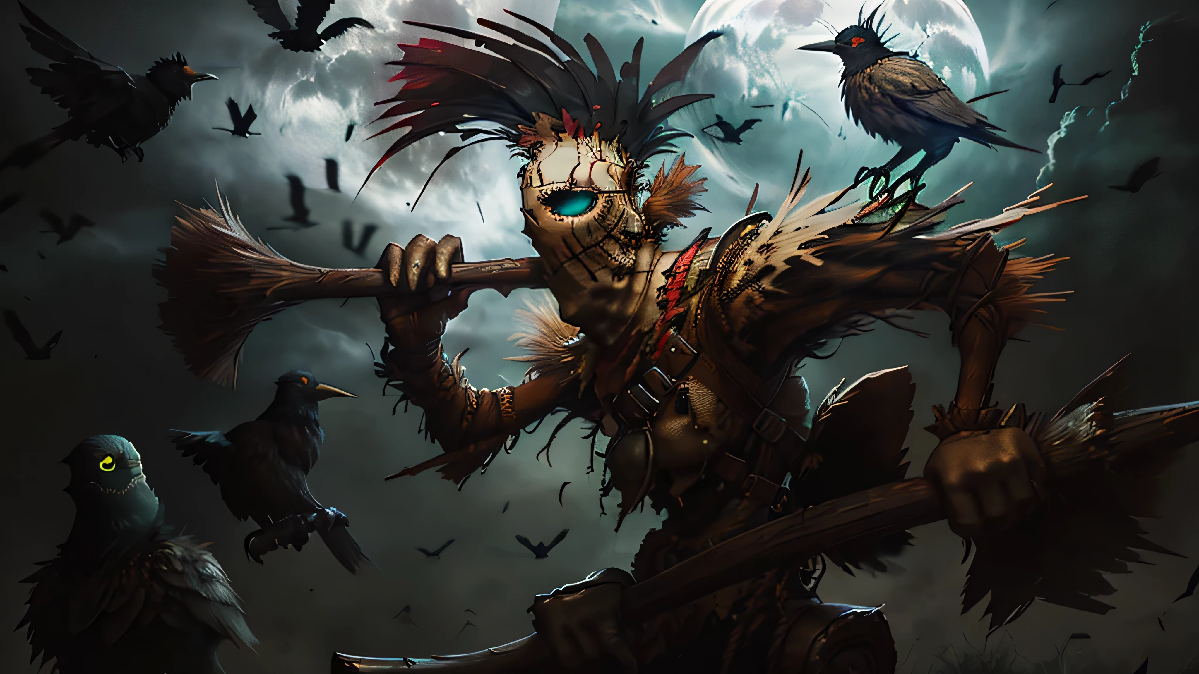 Fiddlestickset (League of legend)  a crow (detailed feathers, piercing eyes) perched on the shoulder lit by the moon,  "The timeless horror known as Fiddlesticks roams the borders of mortal civilizations, drawn to paranoid regions". Scarecrow surrounded by crows of which he is the only master. High quality, 4k resolution, professional artwork, haunting presence